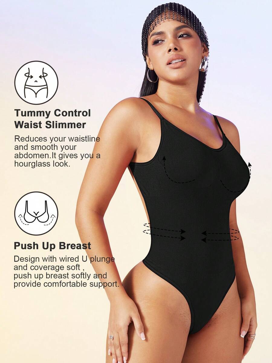 Women's seamless backless shaping bodysuit with thong bottom, high stretch knitted fabric, and built-in padding.