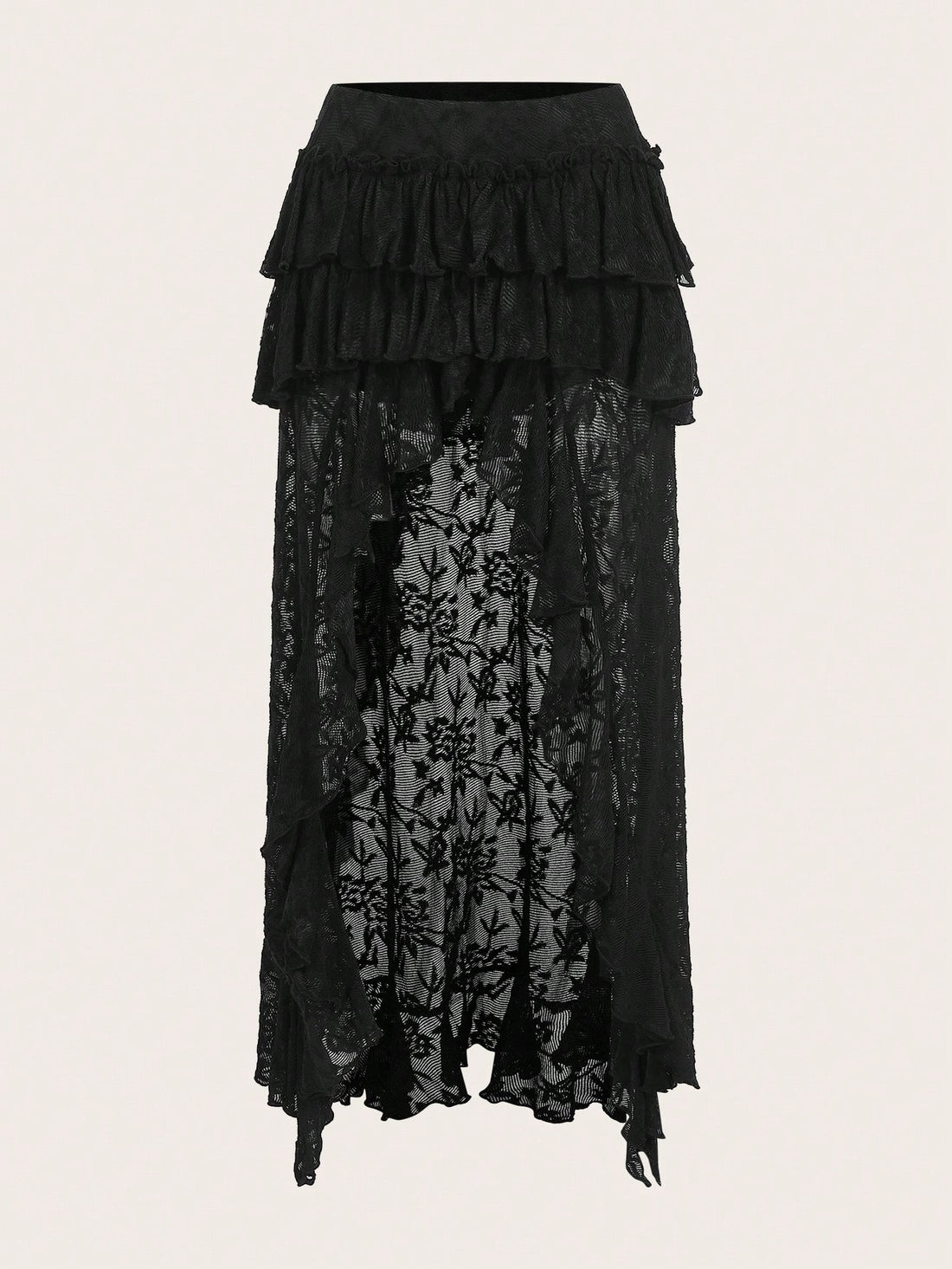 Women's lace tiered asymmetrical maxi skirt featuring a low waist and high slit thigh design.