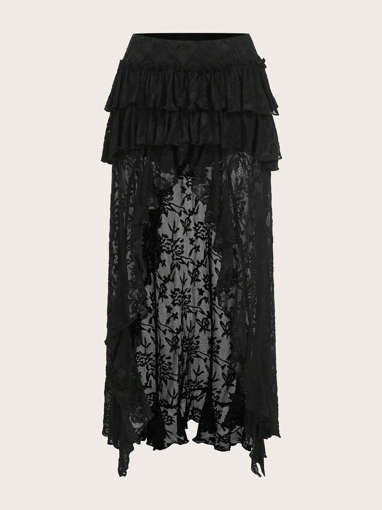 Women's lace tiered asymmetrical maxi skirt featuring a low waist and high slit thigh design.