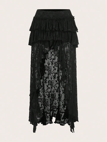 Women's lace tiered asymmetrical maxi skirt featuring a low waist and high slit thigh design.