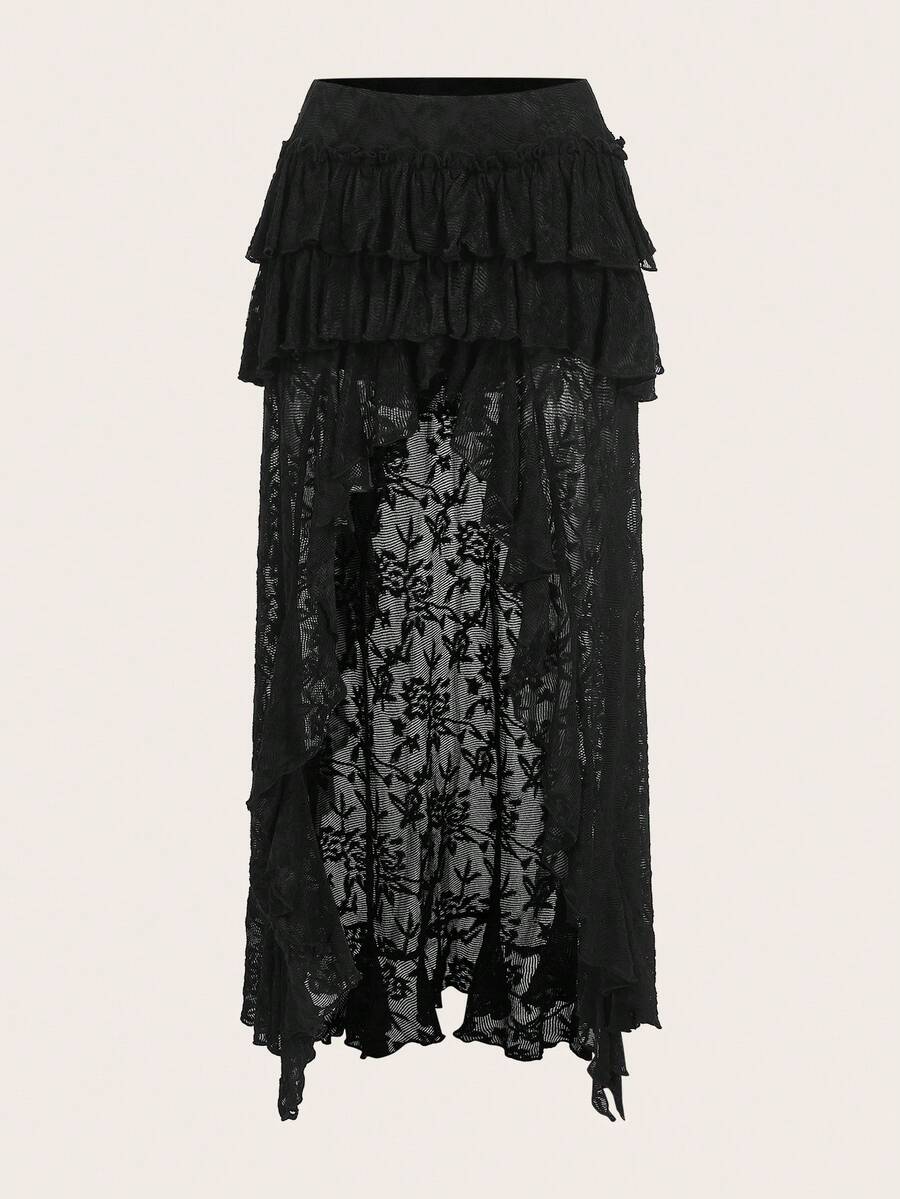 Women's lace tiered asymmetrical maxi skirt featuring a low waist and high slit thigh design.