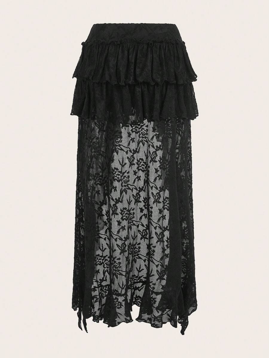 Women's lace tiered asymmetrical maxi skirt featuring a low waist and high slit thigh design.