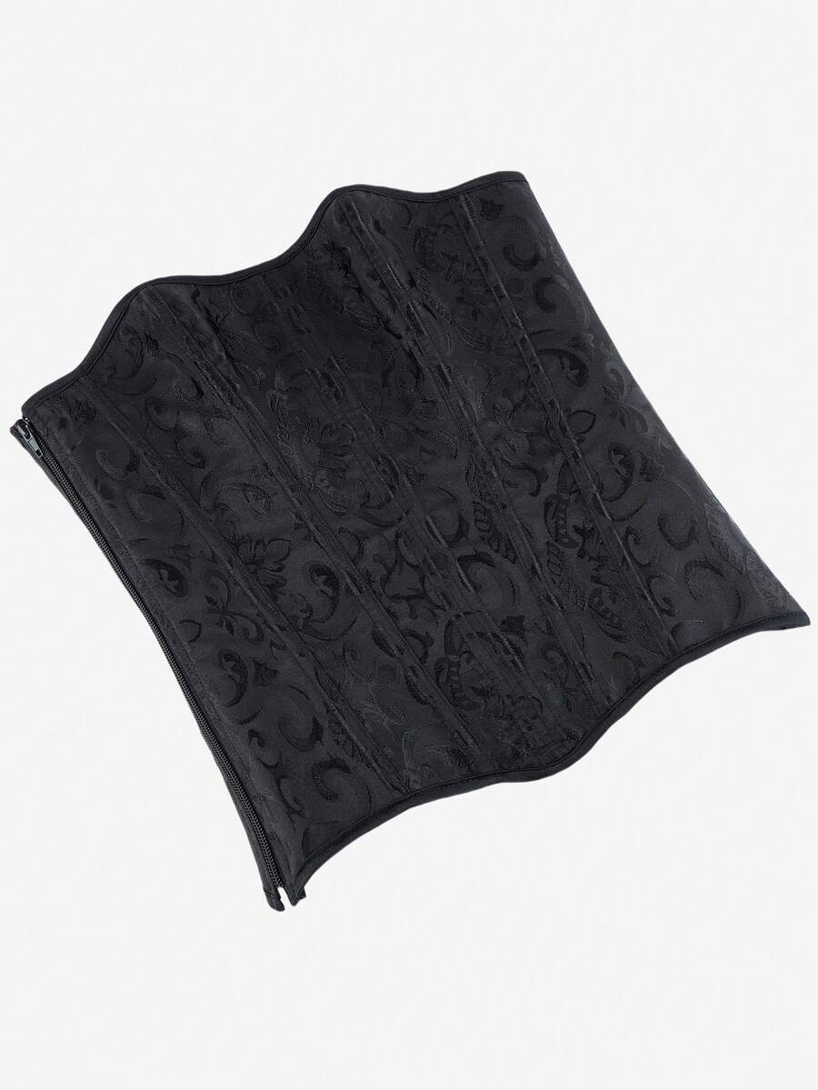 Black overbust corset top bustier with 11 steel bones, side zipper, and grommet eyelet detailing for waist shaping.