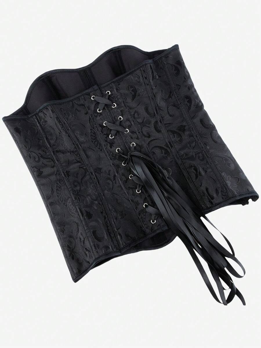 Black overbust corset top bustier with 11 steel bones, side zipper, and grommet eyelet detailing for waist shaping.