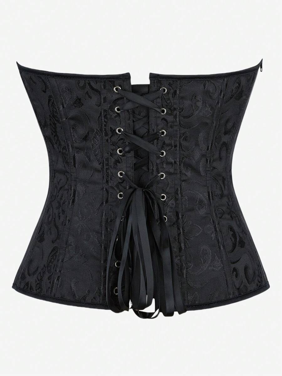 Black overbust corset top bustier with 11 steel bones, side zipper, and grommet eyelet detailing for waist shaping.