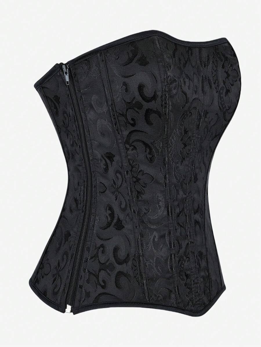 Black overbust corset top bustier with 11 steel bones, side zipper, and grommet eyelet detailing for waist shaping.