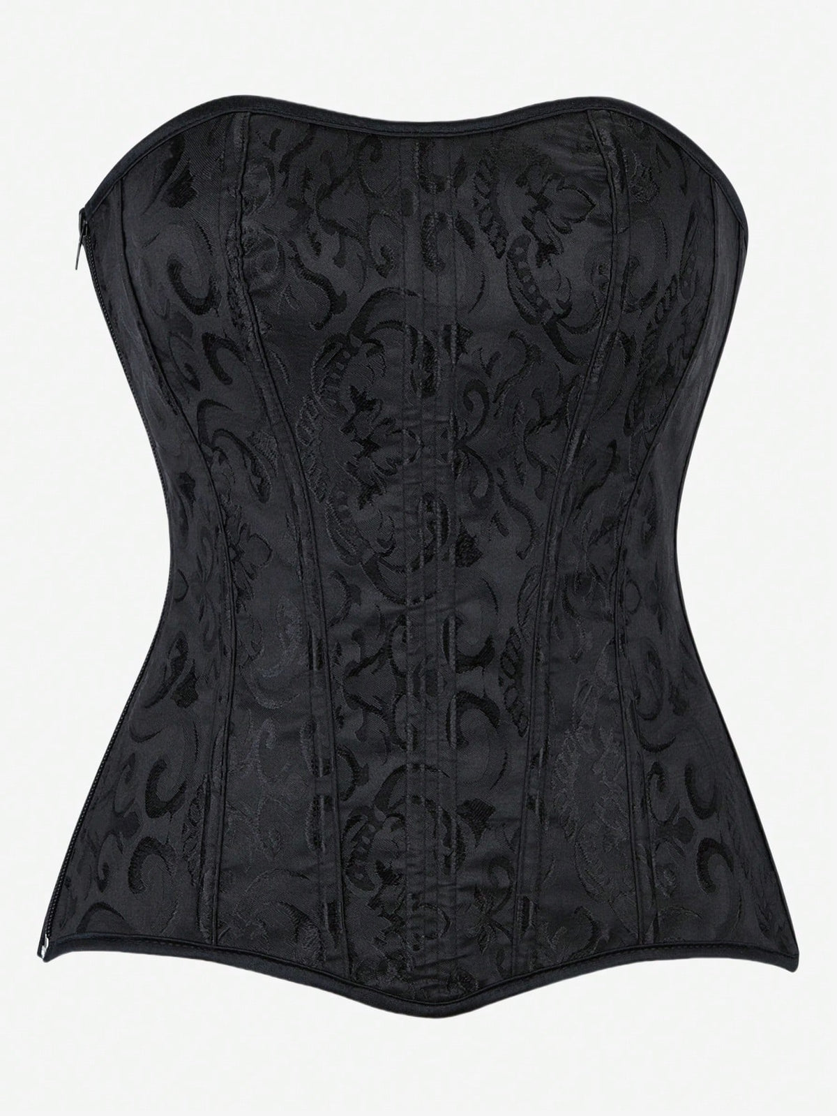 Black overbust corset top bustier with 11 steel bones, side zipper, and grommet eyelet detailing for waist shaping.