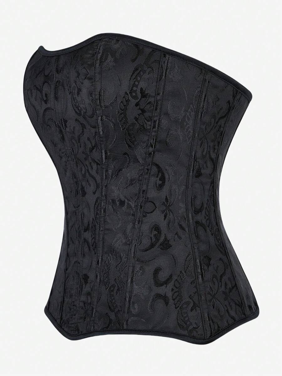 Black overbust corset top bustier with 11 steel bones, side zipper, and grommet eyelet detailing for waist shaping.