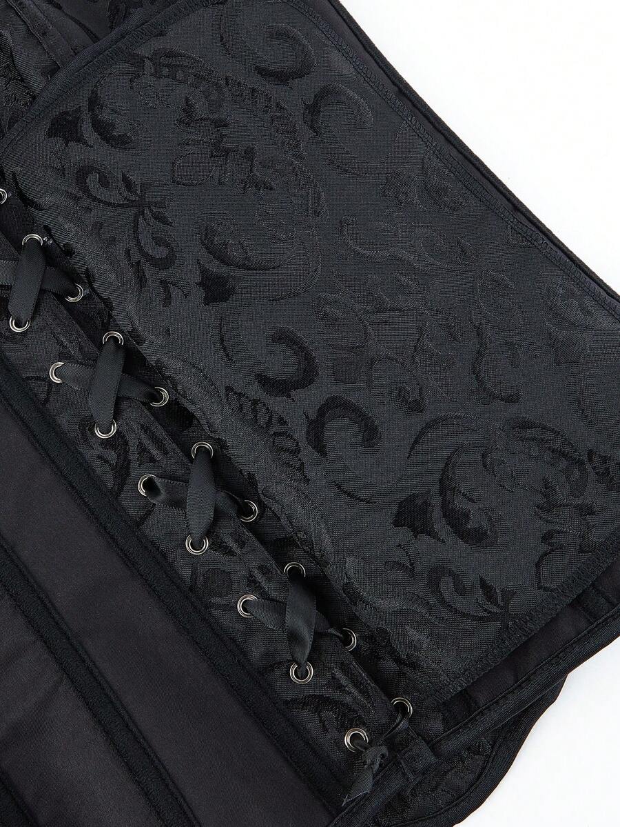 Black overbust corset top bustier with 11 steel bones, side zipper, and grommet eyelet detailing for waist shaping.
