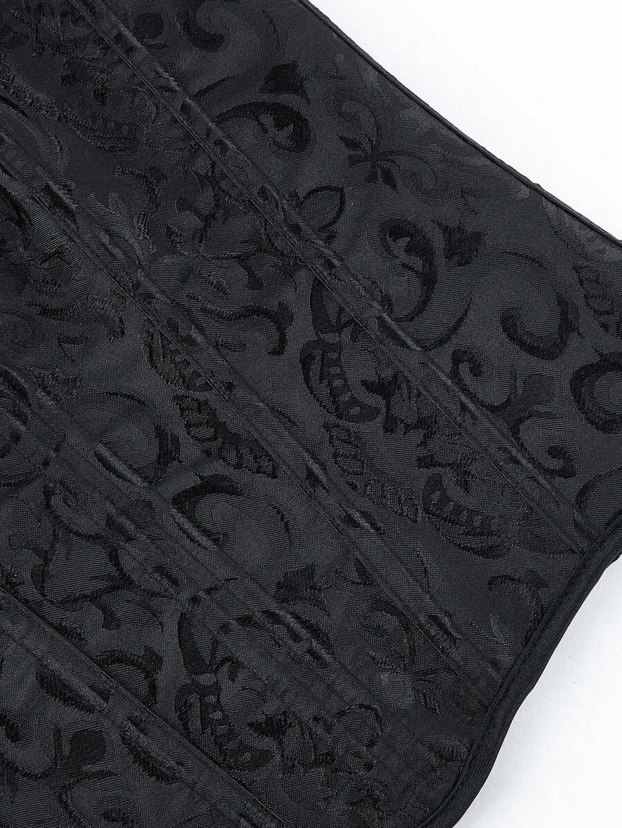 Black overbust corset top bustier with 11 steel bones, side zipper, and grommet eyelet detailing for waist shaping.