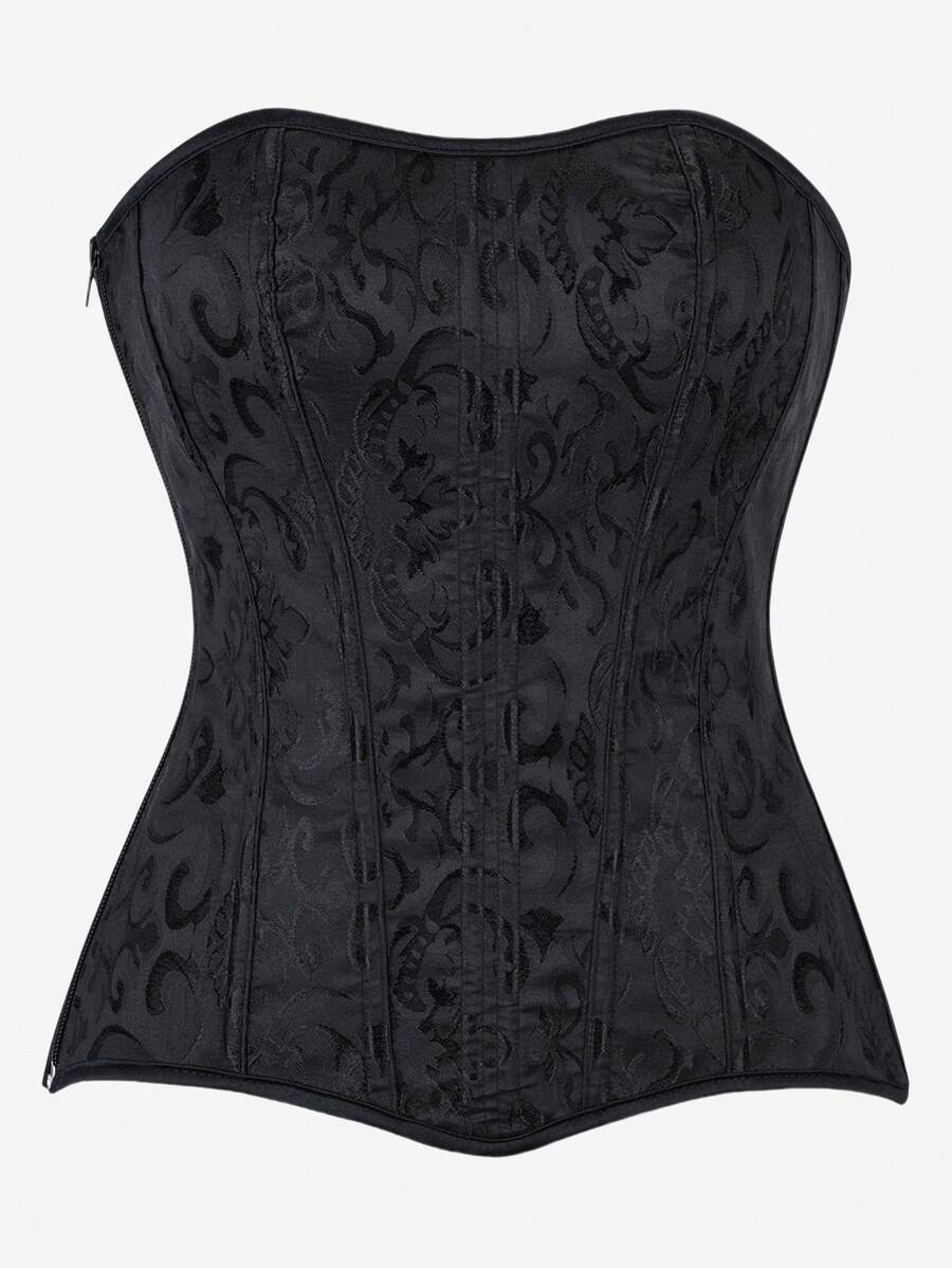 Black overbust corset top bustier with 11 steel bones, side zipper, and grommet eyelet detailing for waist shaping.