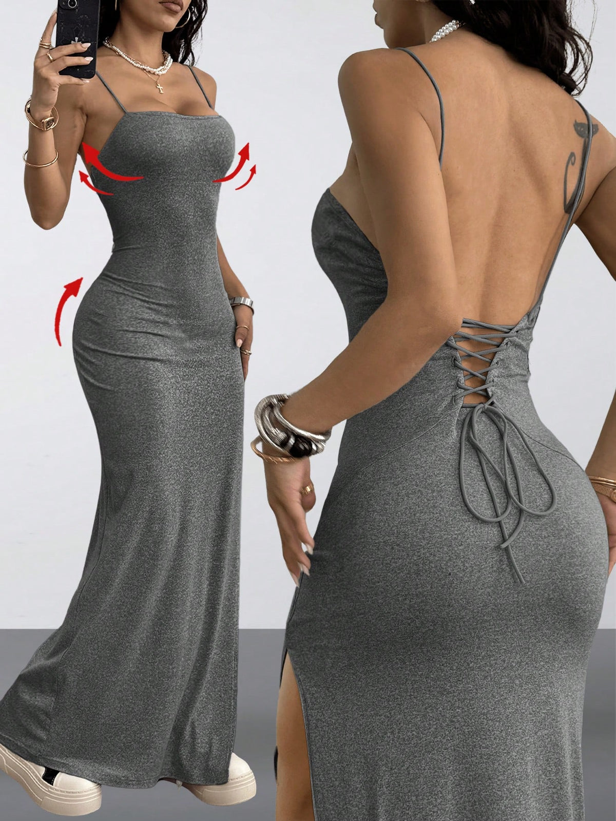 Women's Y2K backless spaghetti strap maxi dress featuring a lace-up back and high split thigh in black knitted fabric.