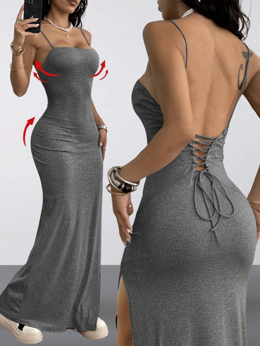 Women's Y2K backless spaghetti strap maxi dress featuring a lace-up back and high split thigh in black knitted fabric.