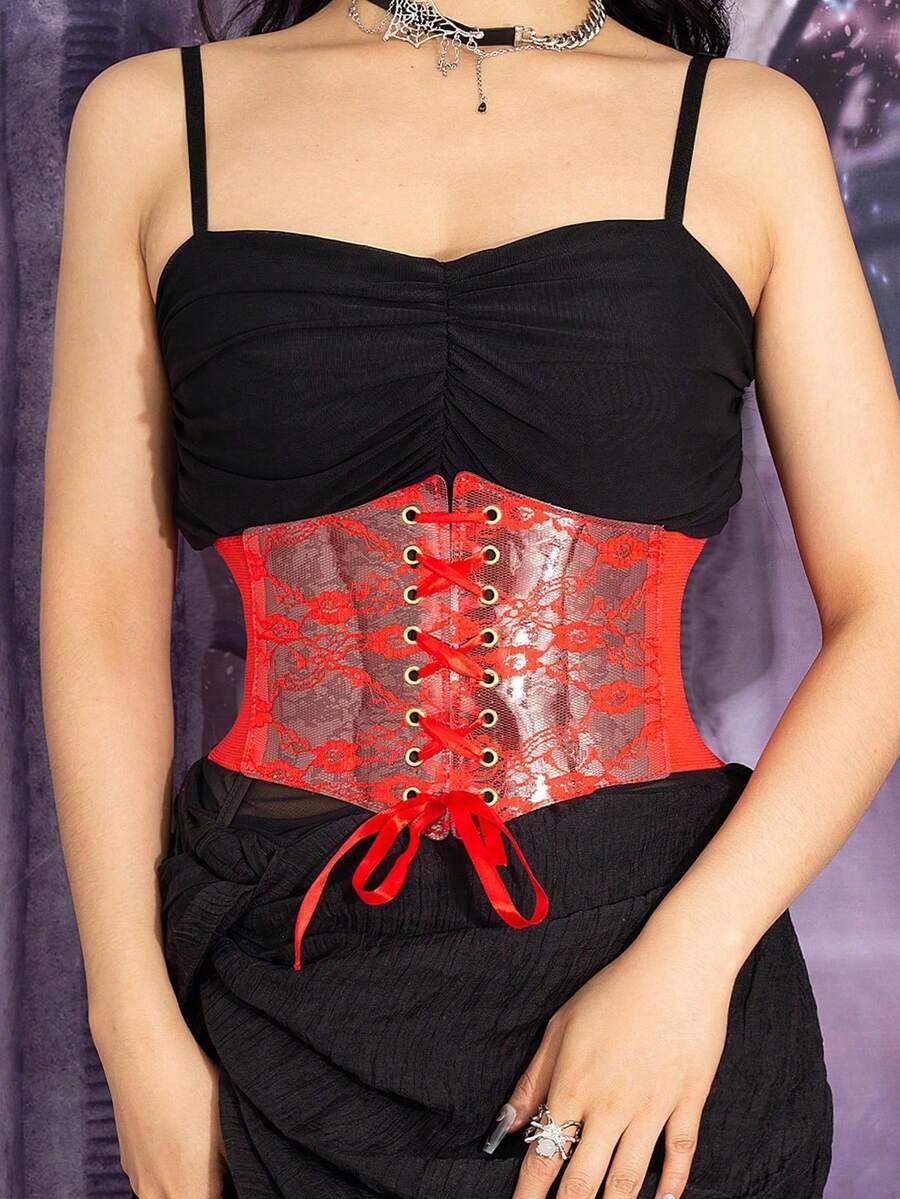 Black lace-up waist cincher with grommet eyelets, baroque pattern, medium stretch, and wide belt design for women.