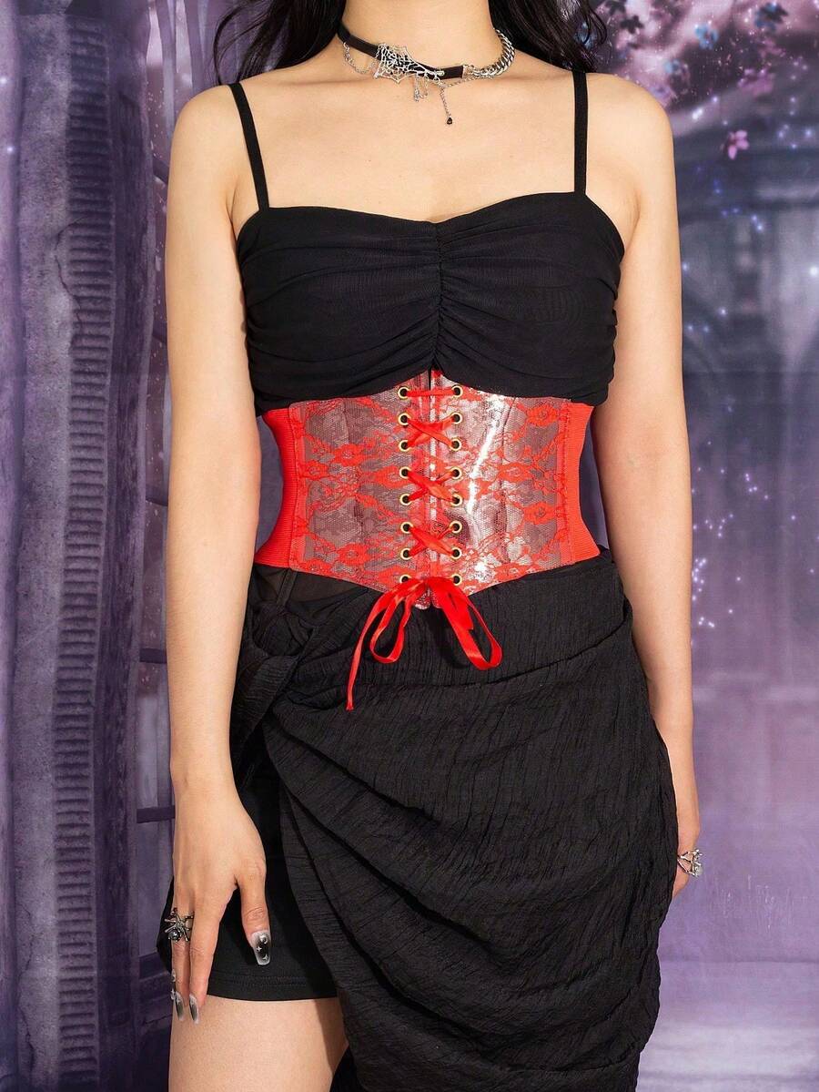 Black lace-up waist cincher with grommet eyelets, baroque pattern, medium stretch, and wide belt design for women.