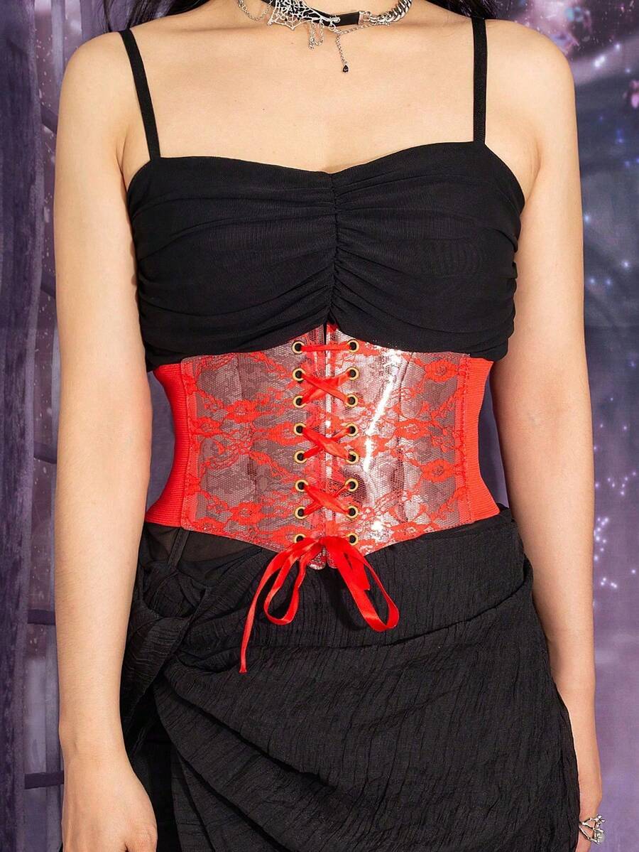 Black lace-up waist cincher with grommet eyelets, baroque pattern, medium stretch, and wide belt design for women.