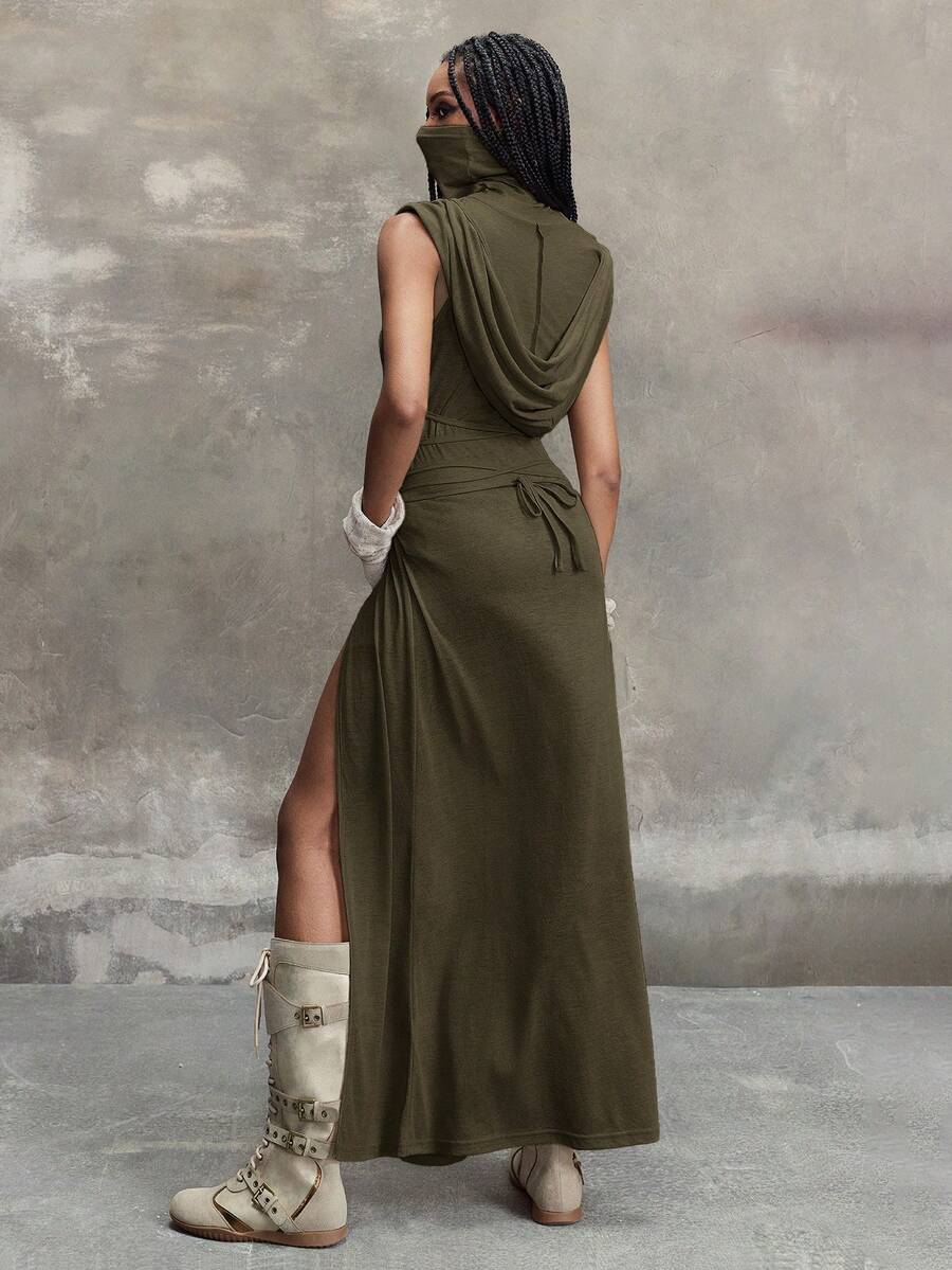 Women wearing a Y2K vintage apocalyptic style hooded long dress featuring short sleeves, backless detail, high thigh slit, and slim fit knitted fabric.