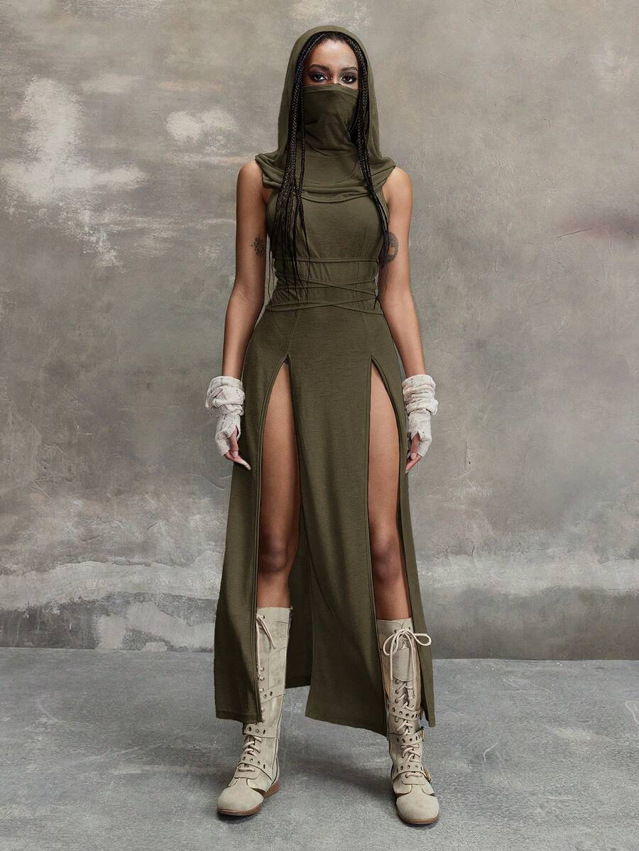 Women wearing a Y2K vintage apocalyptic style hooded long dress featuring short sleeves, backless detail, high thigh slit, and slim fit knitted fabric.