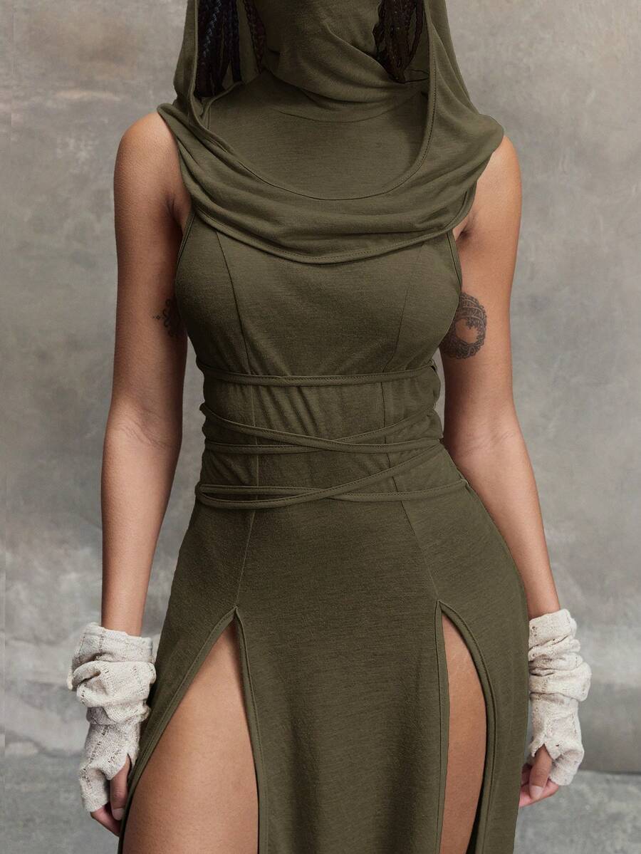 Women wearing a Y2K vintage apocalyptic style hooded long dress featuring short sleeves, backless detail, high thigh slit, and slim fit knitted fabric.