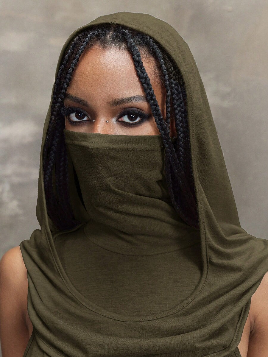 Women wearing a Y2K vintage apocalyptic style hooded long dress featuring short sleeves, backless detail, high thigh slit, and slim fit knitted fabric.
