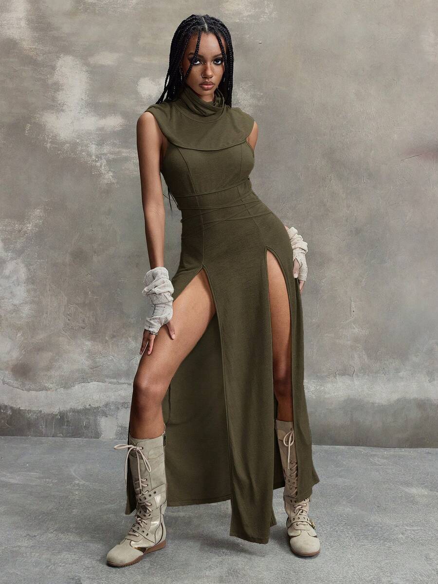 Women wearing a Y2K vintage apocalyptic style hooded long dress featuring short sleeves, backless detail, high thigh slit, and slim fit knitted fabric.