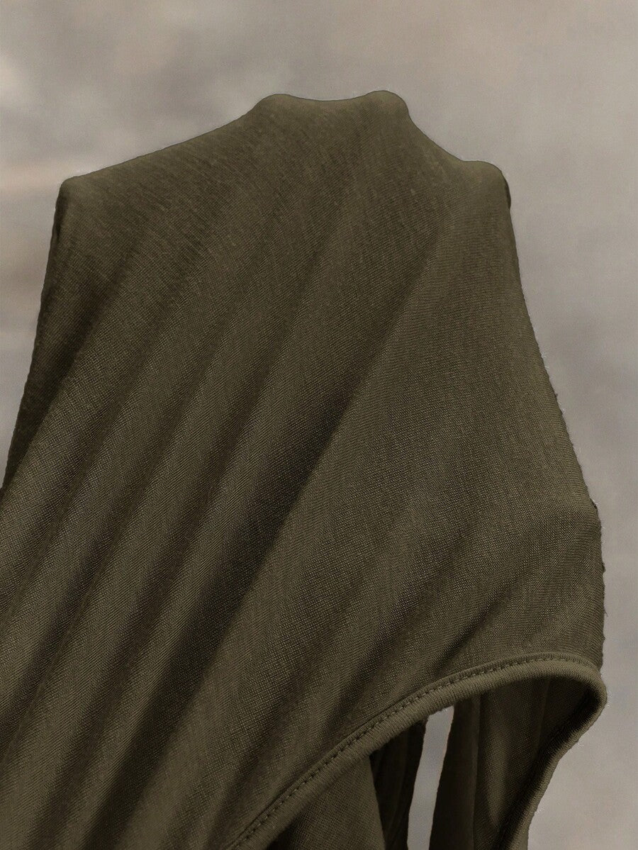 Women wearing a Y2K vintage apocalyptic style hooded long dress featuring short sleeves, backless detail, high thigh slit, and slim fit knitted fabric.