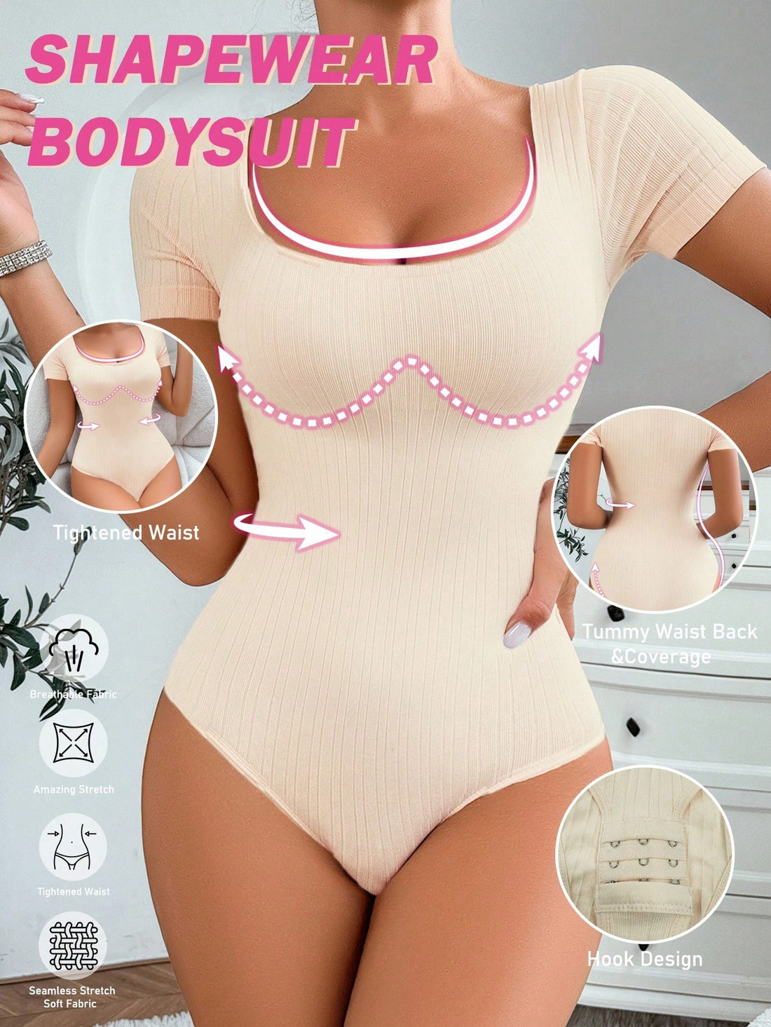 Women's seamless waist cincher bodysuit featuring short sleeves, briefs bottom, and rib-knit texture.