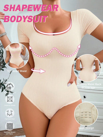 Women's seamless waist cincher bodysuit featuring short sleeves, briefs bottom, and rib-knit texture.