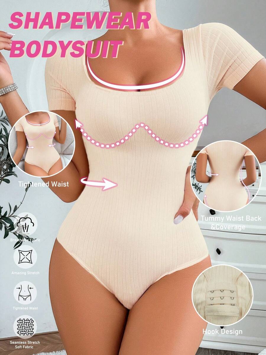Women's seamless waist cincher bodysuit featuring short sleeves, briefs bottom, and rib-knit texture.