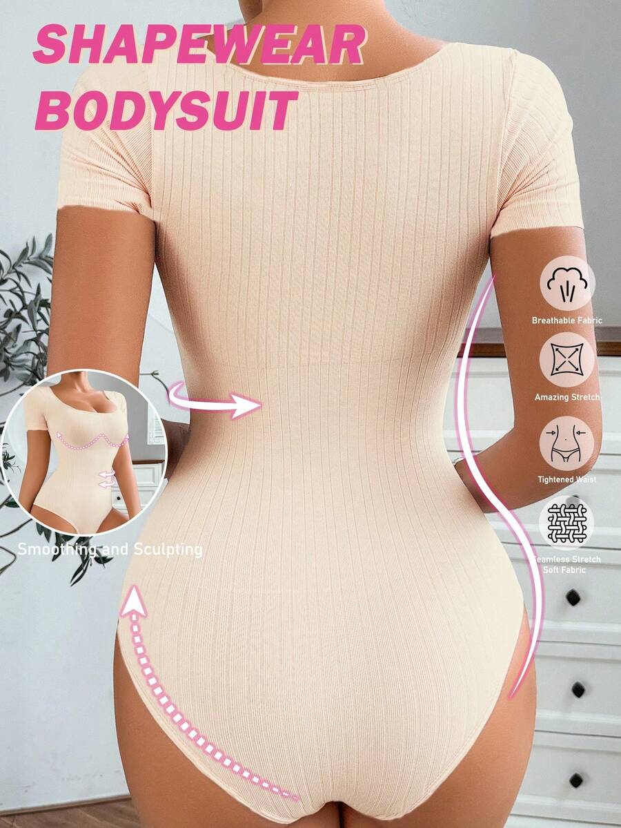 Women's seamless waist cincher bodysuit featuring short sleeves, briefs bottom, and rib-knit texture.