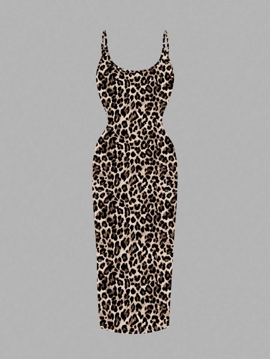 Women's minimalist floral daisy print bodycon cami dress with spaghetti straps, backless cut, high waist, and split thigh slit.