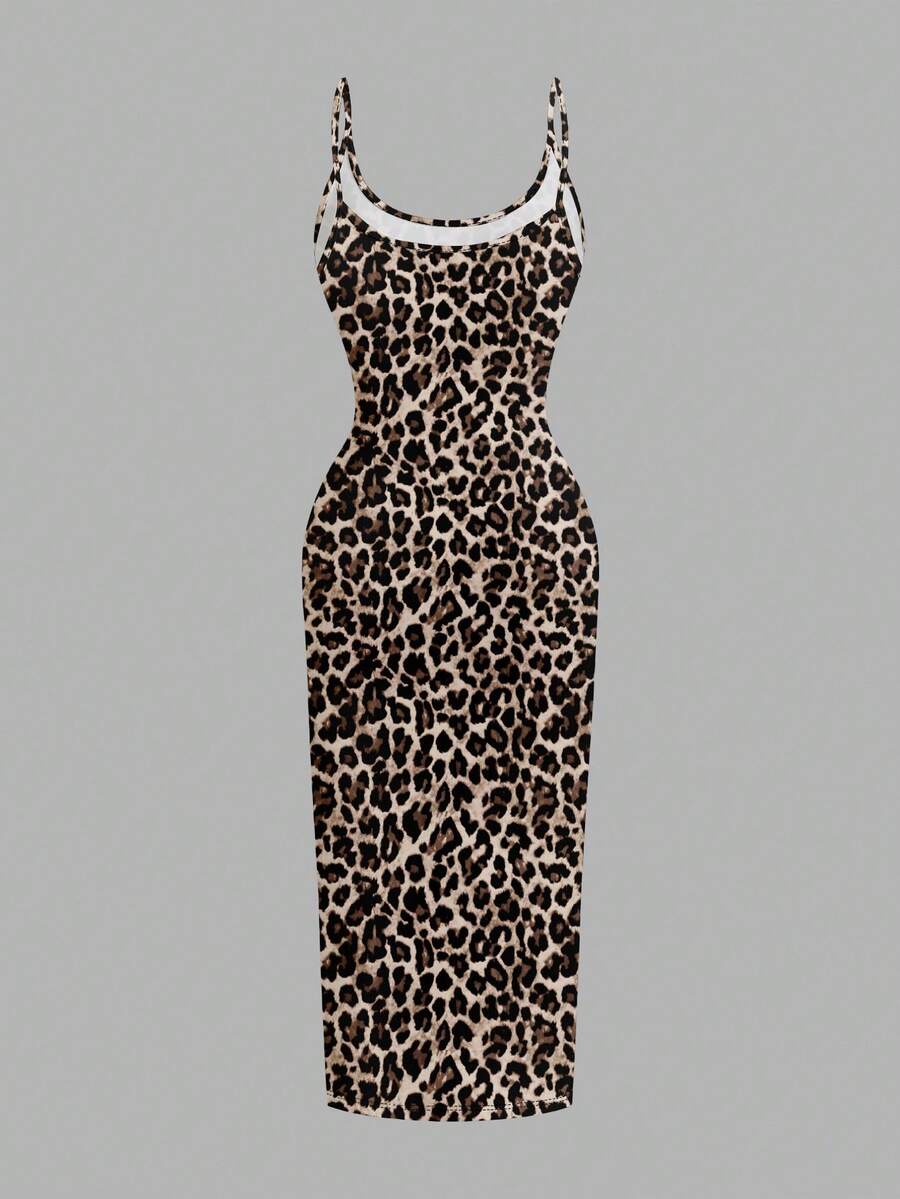 Women's minimalist floral daisy print bodycon cami dress with spaghetti straps, backless cut, high waist, and split thigh slit.