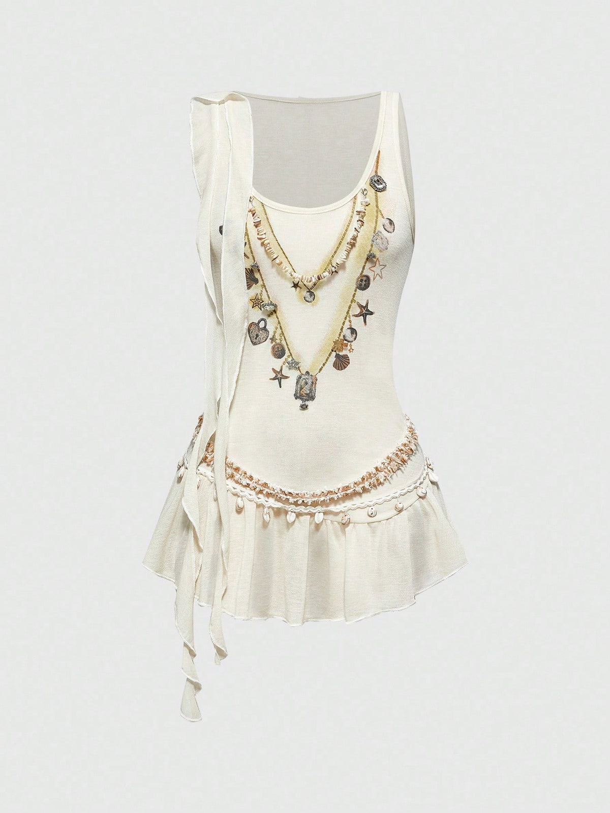 Beige asymmetric cami top for women featuring beaded details, fringe trim, knot accents, and round neck in high stretch knitted fabric.