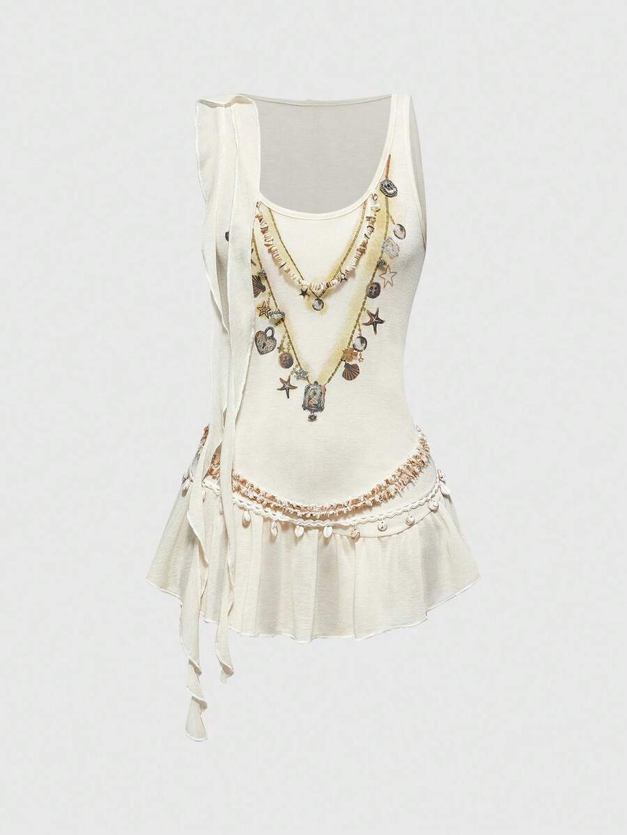 Beige asymmetric cami top for women featuring beaded details, fringe trim, knot accents, and round neck in high stretch knitted fabric.