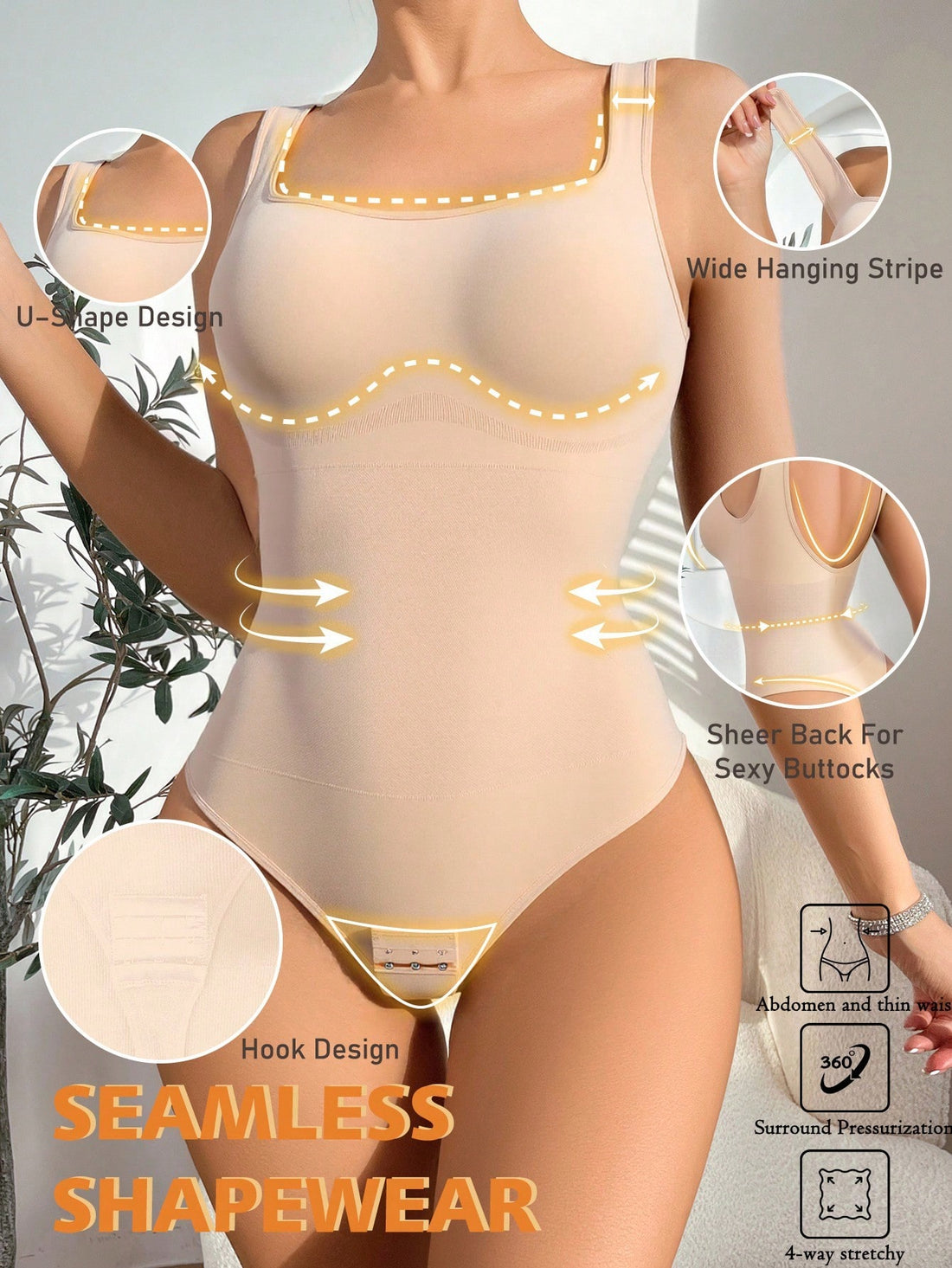 Women's seamless shapewear bodysuit featuring tummy control, crotch strap, and non-removable padded chest in solid apricot color.