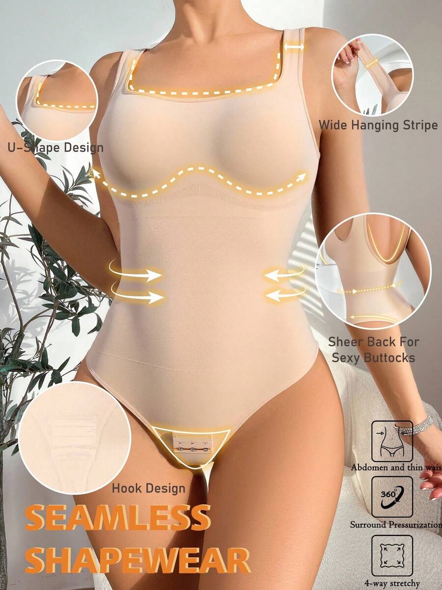 Women's seamless shapewear bodysuit featuring tummy control, crotch strap, and non-removable padded chest in solid apricot color.