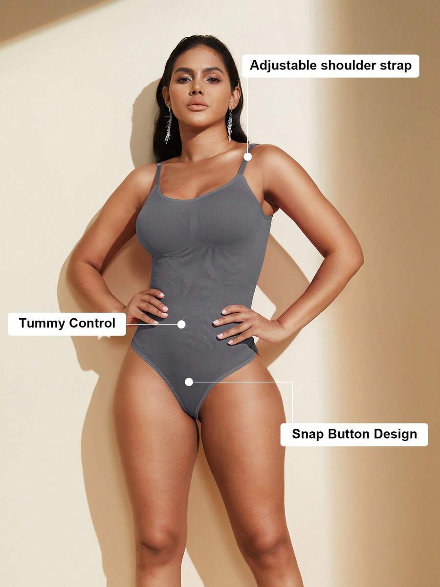 Brown seamless shapewear bodysuit featuring backless design, thong bottom, non-removable padding, and high-stretch fabric for tummy and waist control.
