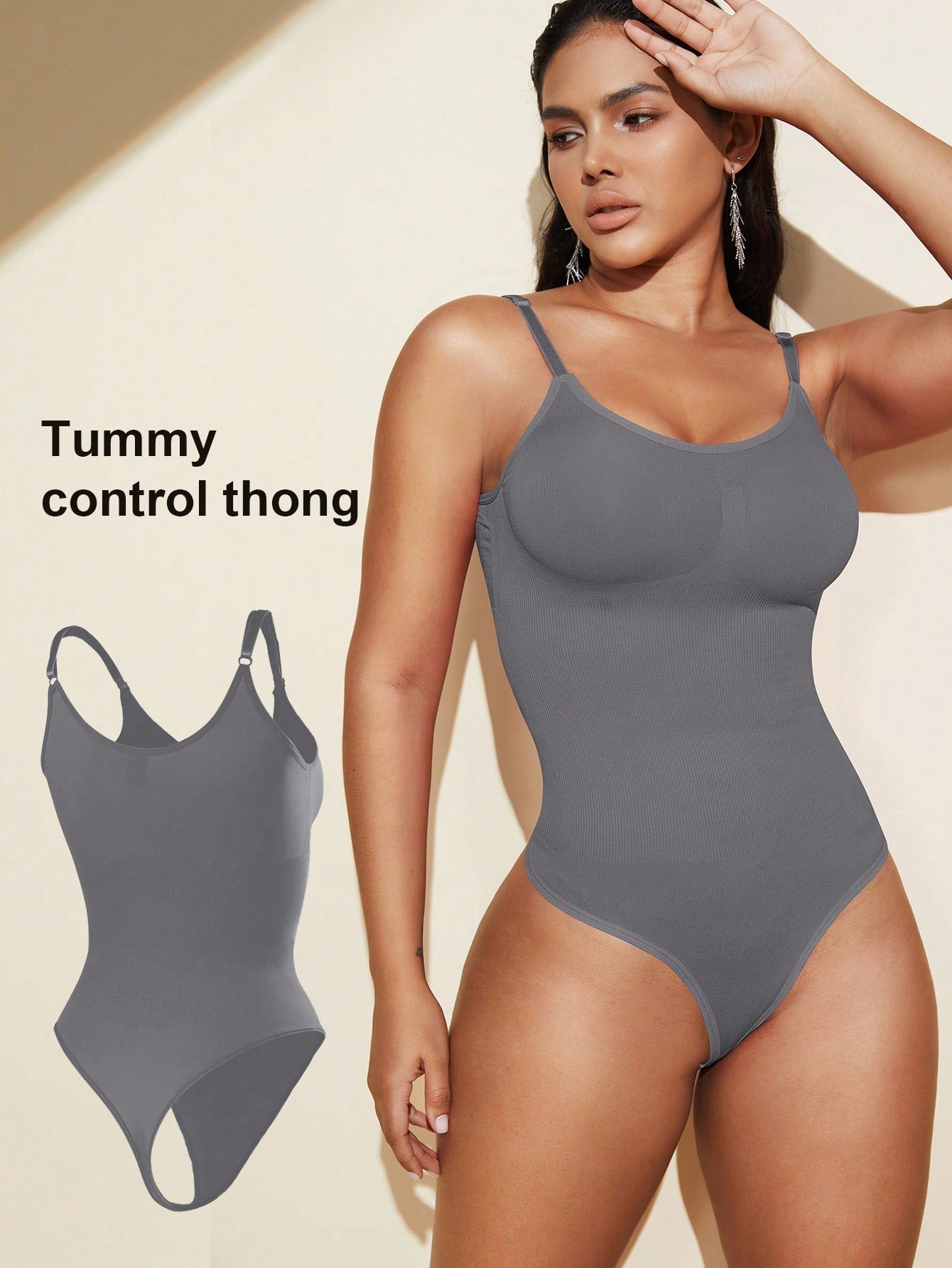 Brown seamless shapewear bodysuit featuring backless design, thong bottom, non-removable padding, and high-stretch fabric for tummy and waist control.