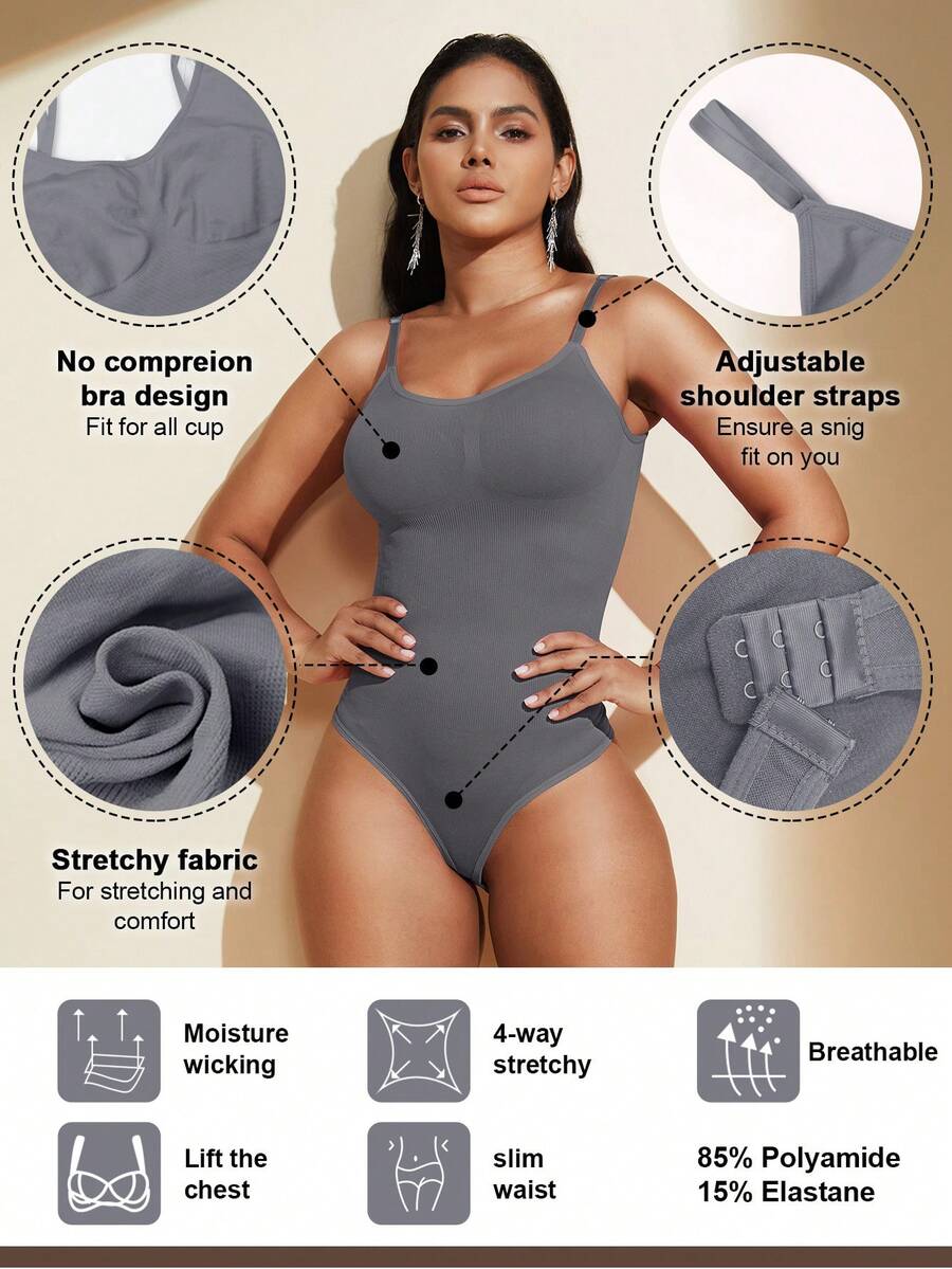 Brown seamless shapewear bodysuit featuring backless design, thong bottom, non-removable padding, and high-stretch fabric for tummy and waist control.