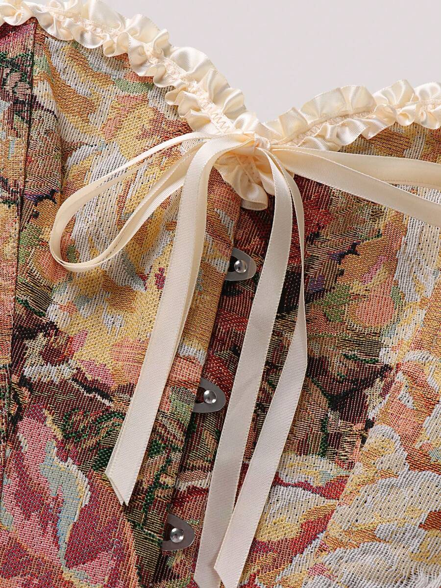 Multicolor floral print overbust corset top featuring a bow decor, asymmetrical ruffled hem, and sleeveless palace style bustier silhouette for women.