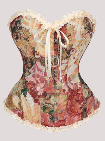 Multicolor floral print overbust corset top featuring a bow decor, asymmetrical ruffled hem, and sleeveless palace style bustier silhouette for women.