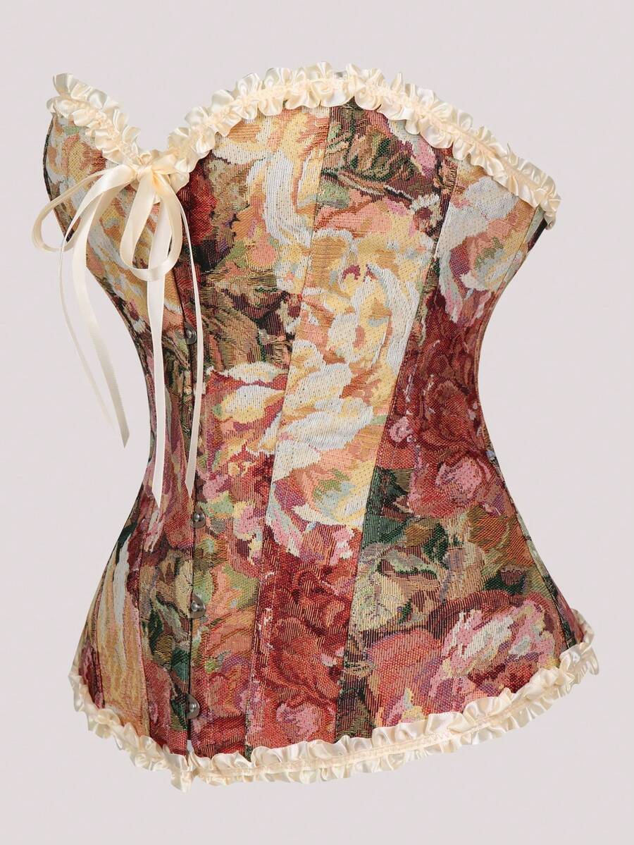 Multicolor floral print overbust corset top featuring a bow decor, asymmetrical ruffled hem, and sleeveless palace style bustier silhouette for women.