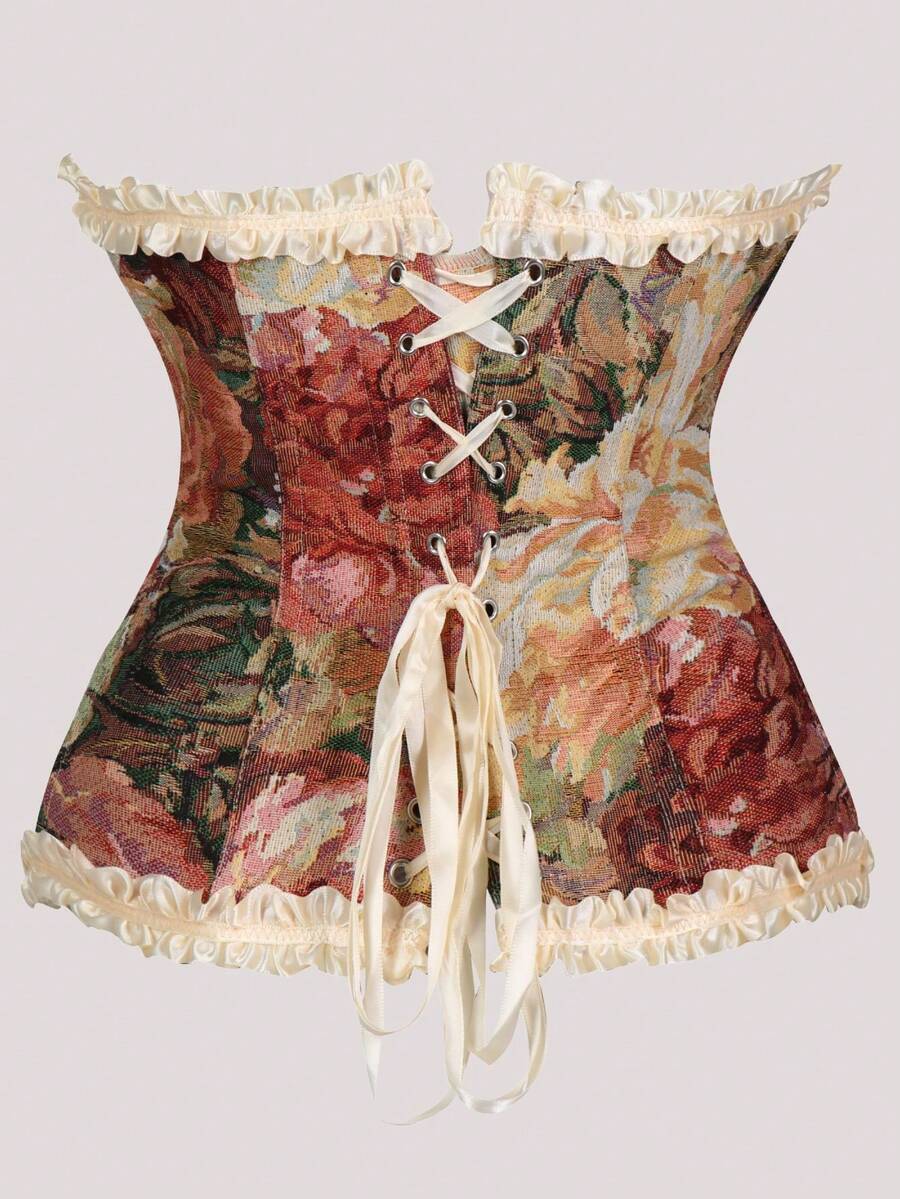 Multicolor floral print overbust corset top featuring a bow decor, asymmetrical ruffled hem, and sleeveless palace style bustier silhouette for women.