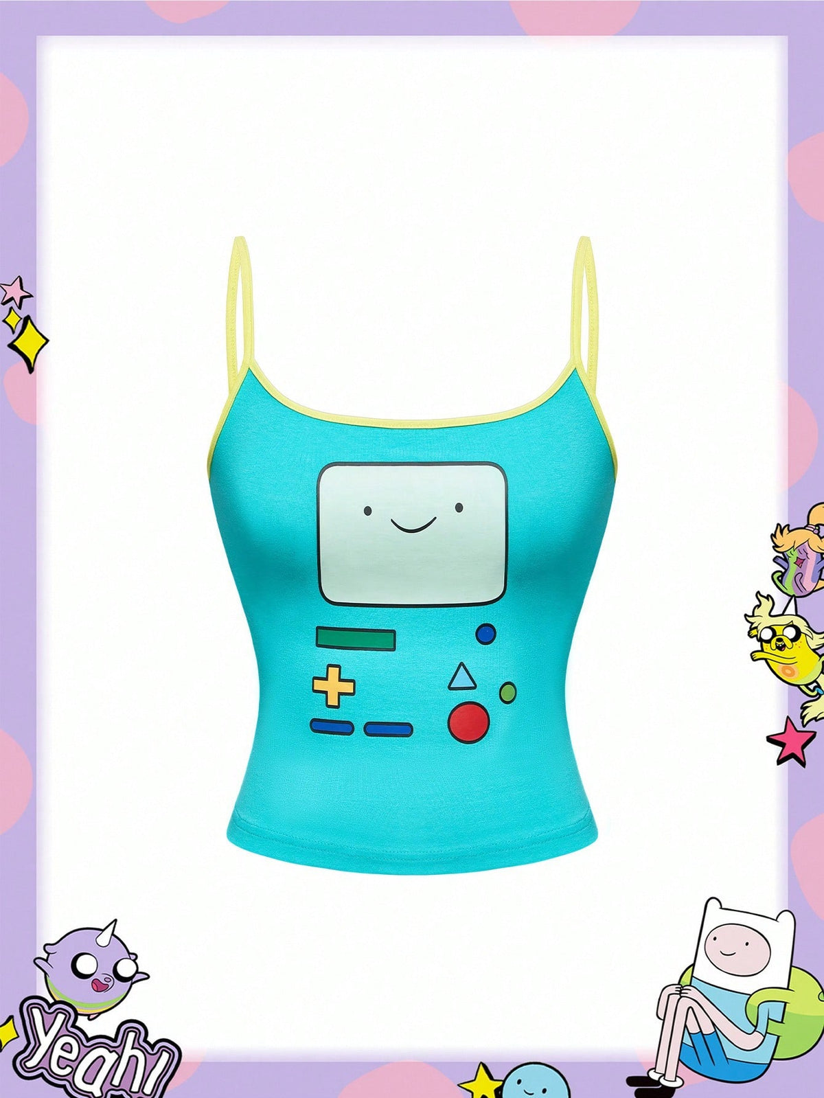 Teal blue slim fit crop camisole top for women featuring a graphic cartoon face print, contrast color trim, and thin spaghetti straps.