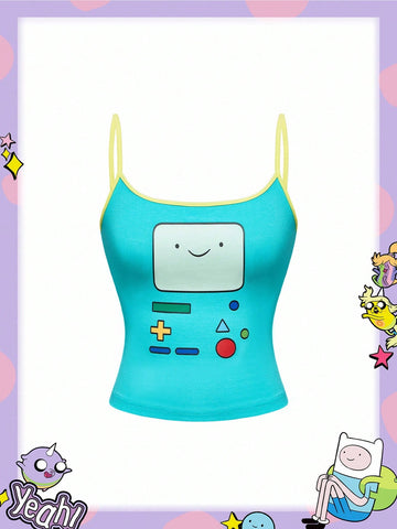 Teal blue slim fit crop camisole top for women featuring a graphic cartoon face print, contrast color trim, and thin spaghetti straps.