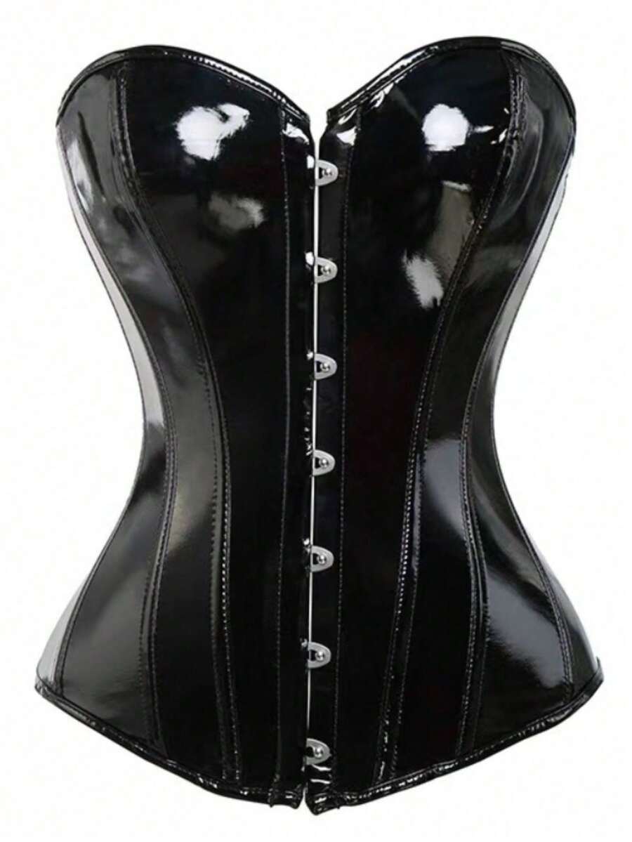 Black PU corset top with lace-up front and grommet eyelet details, vintage style, plain pattern, non-stretch fit for women.