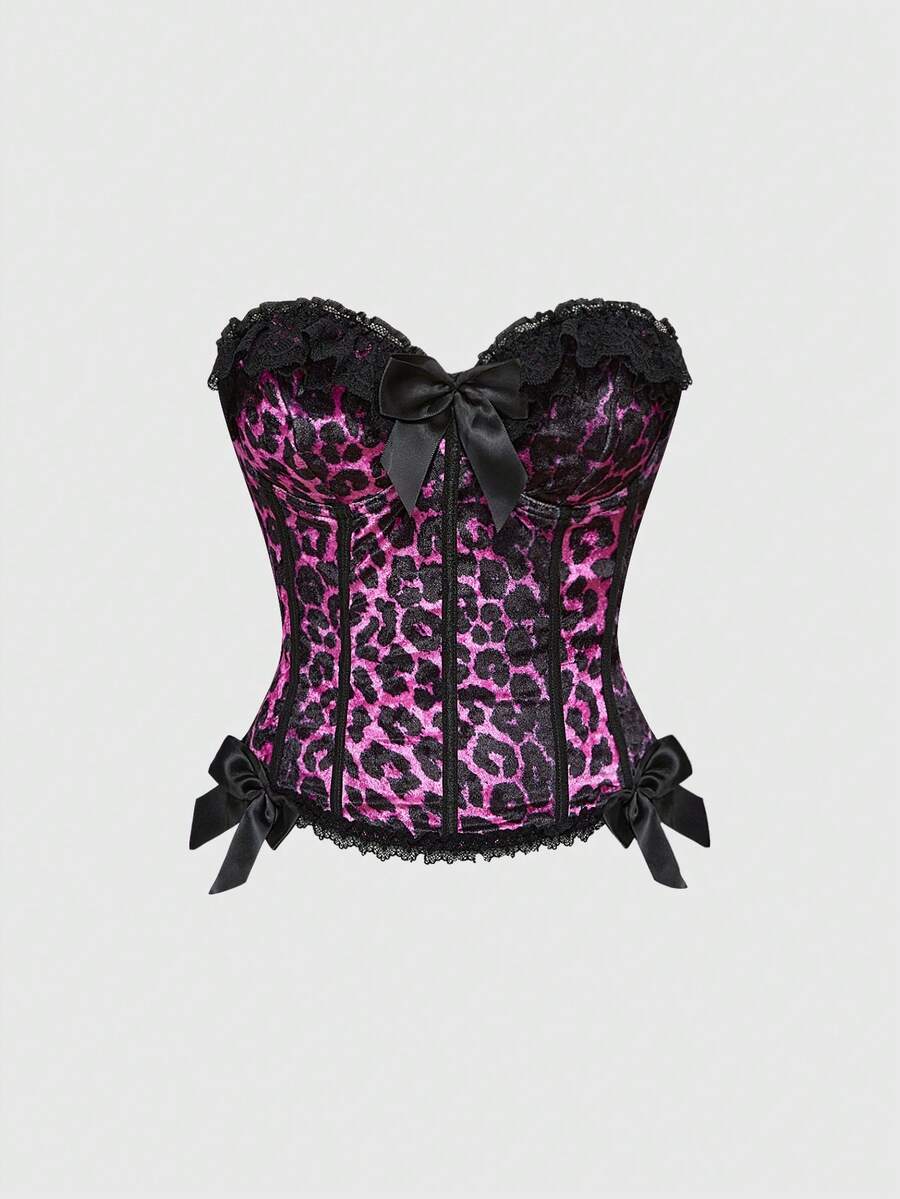 Brown leopard print strapless tube top for women featuring lace patchwork trim, front lace-up grommets, and a slim micro crop fit.