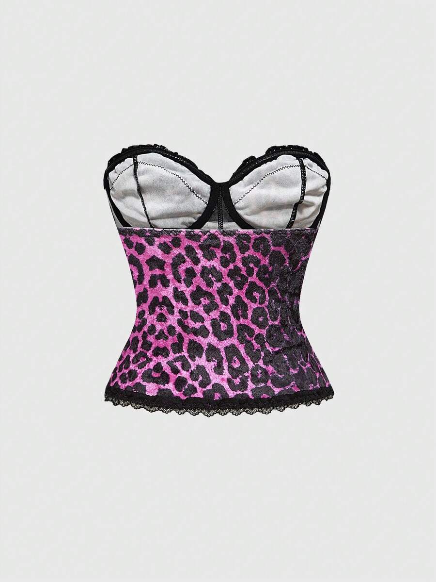 Brown leopard print strapless tube top for women featuring lace patchwork trim, front lace-up grommets, and a slim micro crop fit.