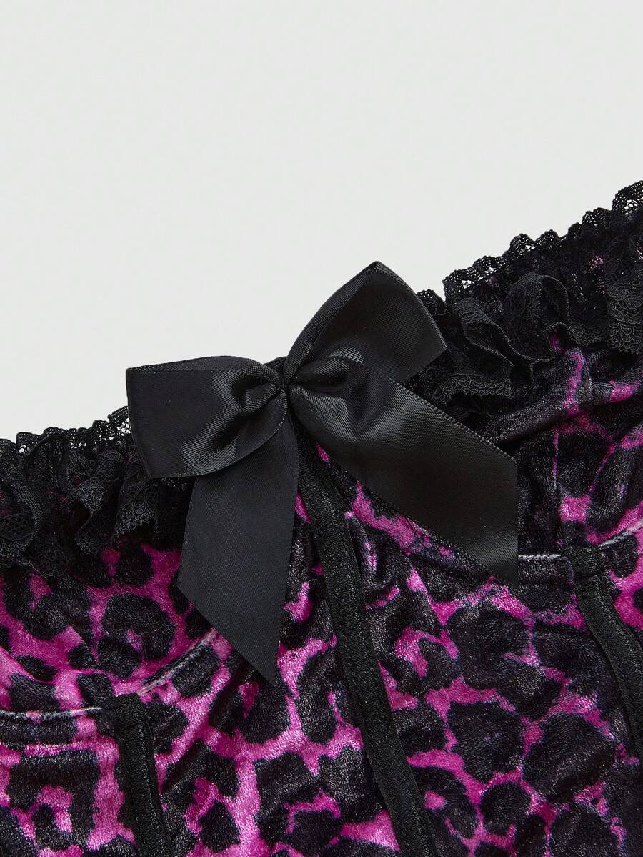 Brown leopard print strapless tube top for women featuring lace patchwork trim, front lace-up grommets, and a slim micro crop fit.