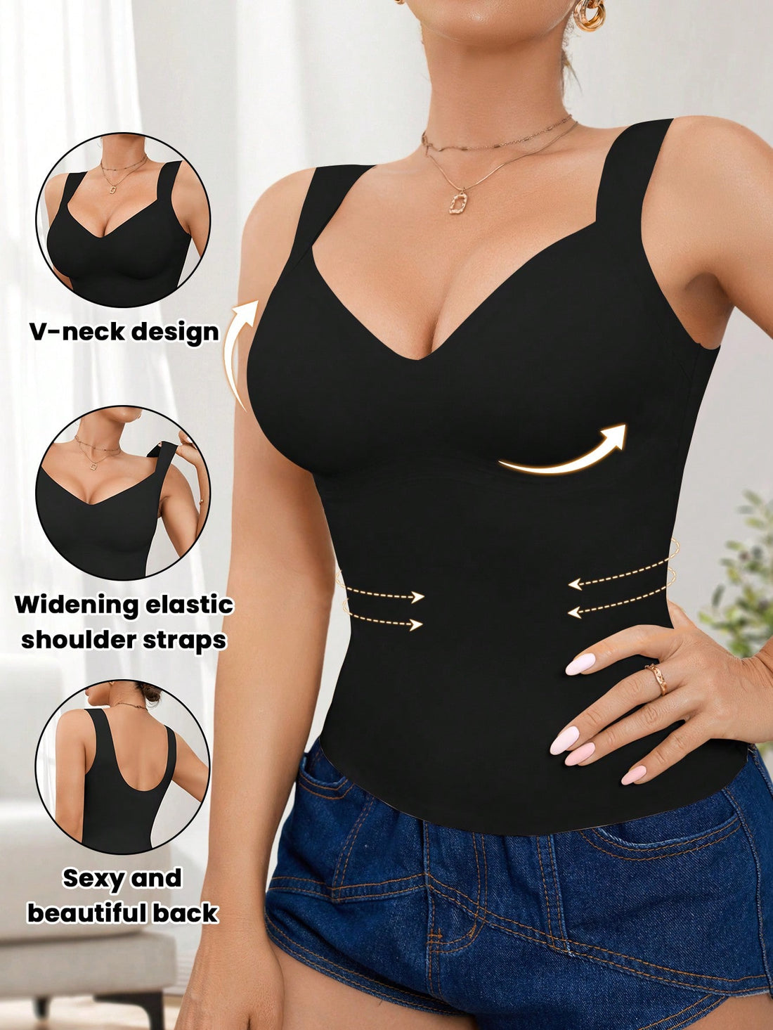 Black seamless shapewear top for women featuring adjustable shoulder straps, wireless design, and waist shaping silhouette.